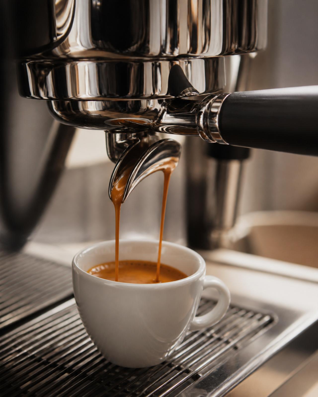 Espresso pouring from a polished professional machine into a white ceramic cup